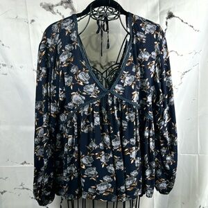 Umgee Floral Bohemian Peasant Blouse Lace Trim High Low Hem Babydoll V-Neck